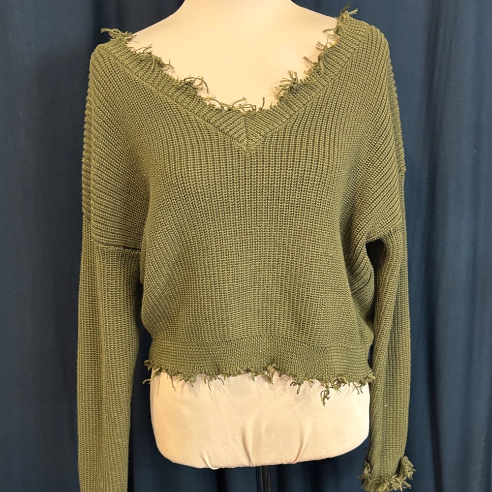 Forever 21 Olive Frayed V-Neck Sweater